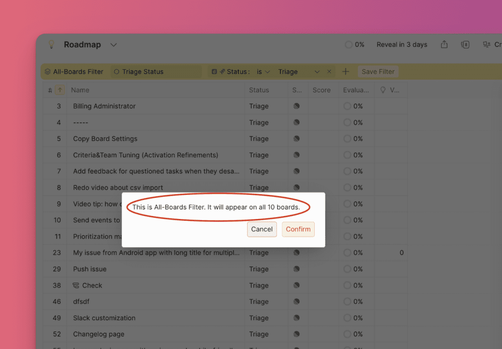 Диалог подтверждения для фильтра всех досок