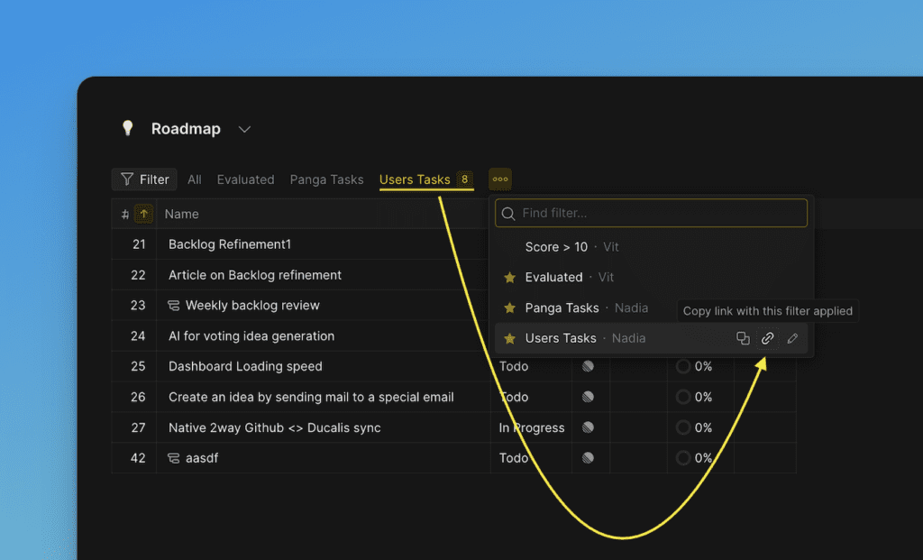 Выпадающий список фильтров с опцией копирования ссылки