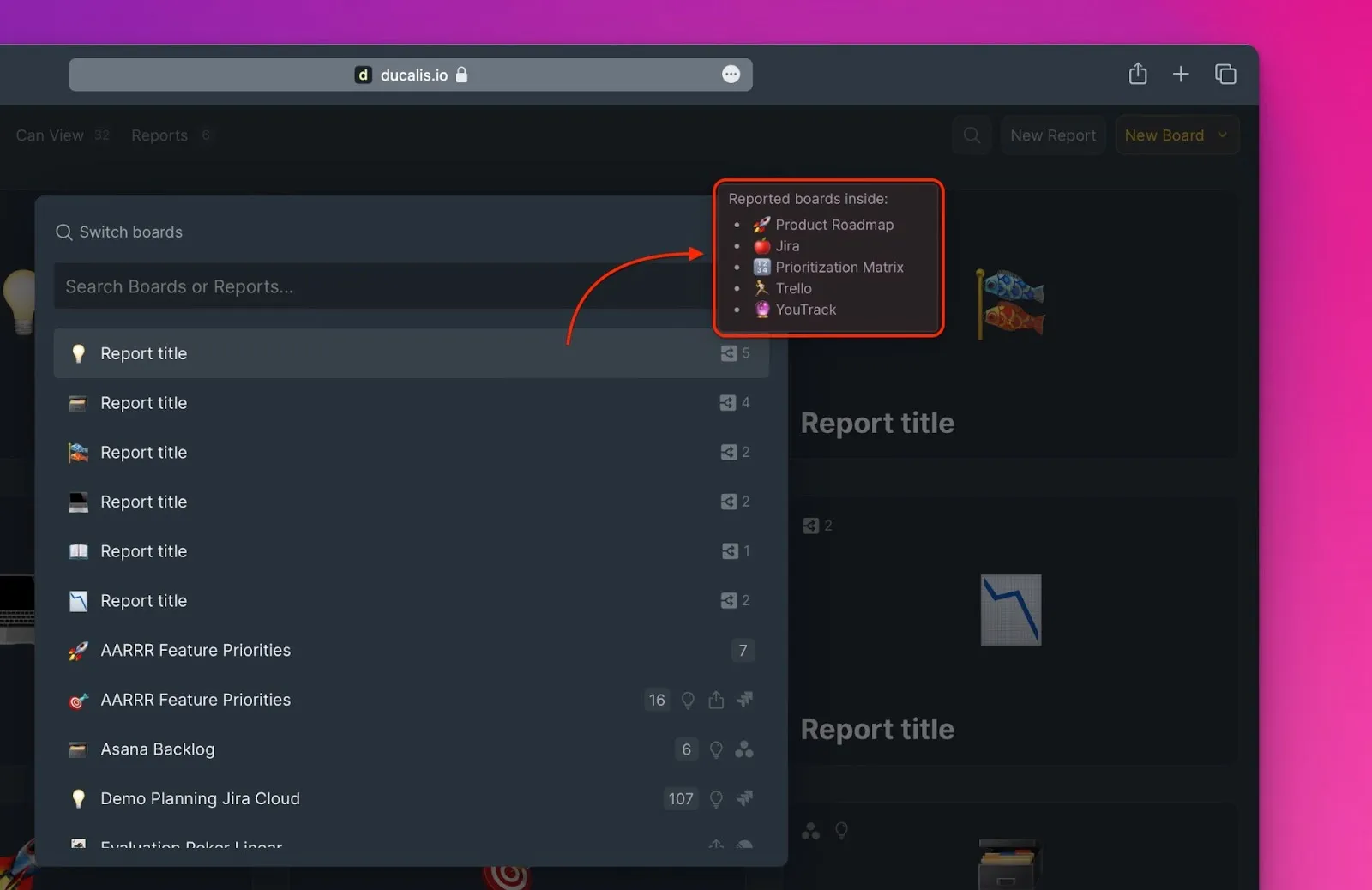 Доска отчётов с количеством включённых досок