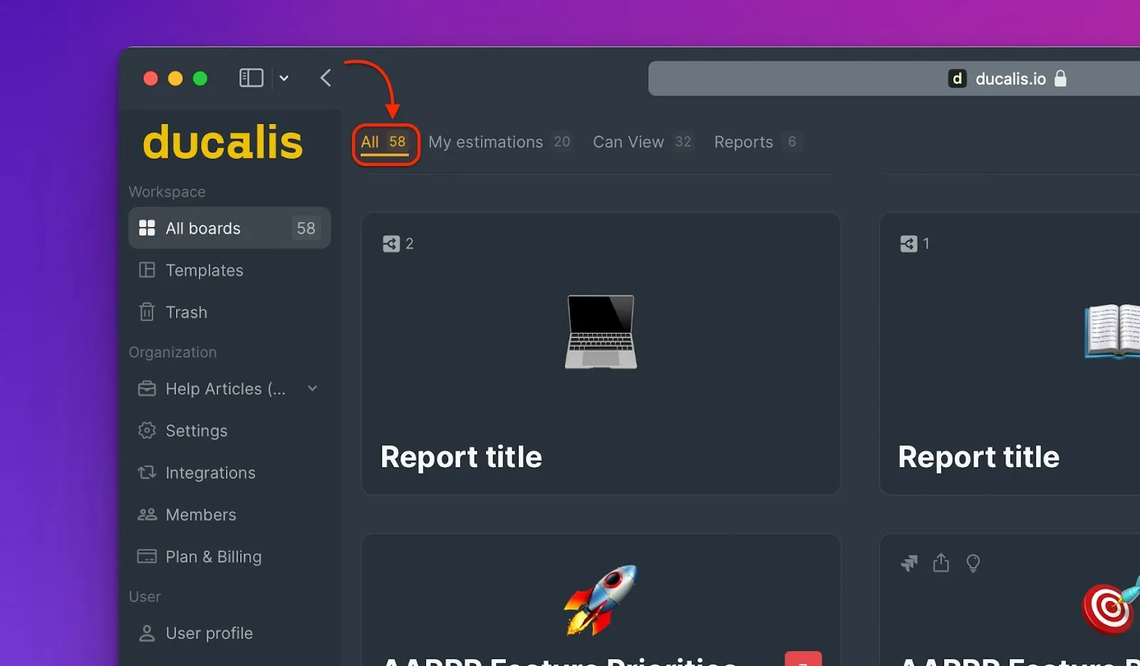 Фильтр «Все доски» с полным списком досок организации