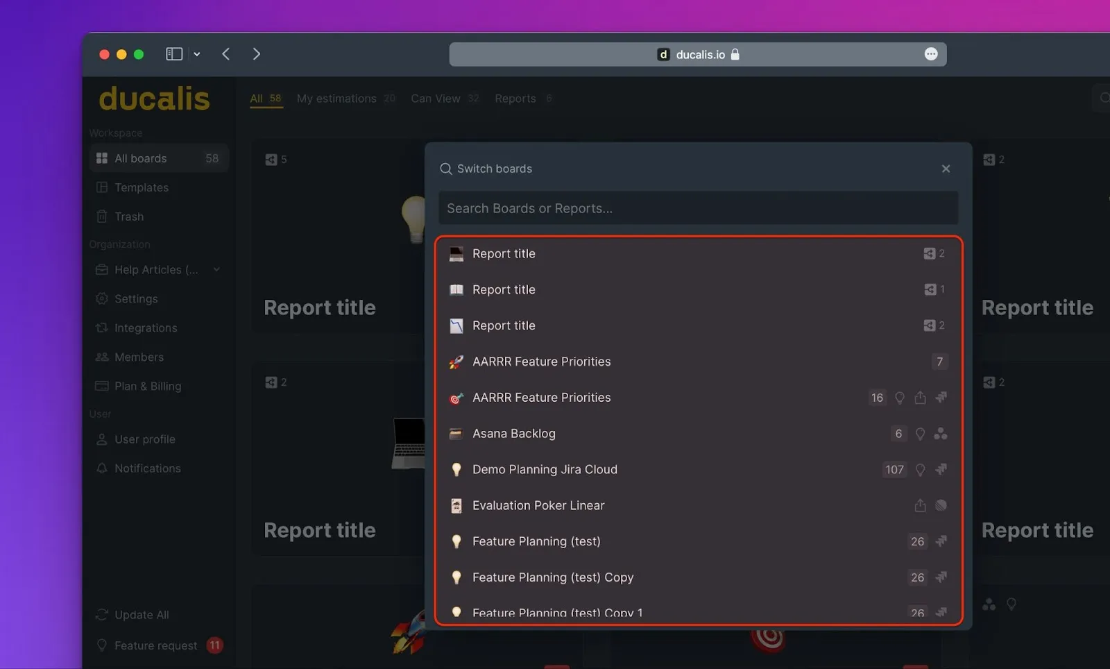 Список доступных досок с индикаторами статуса