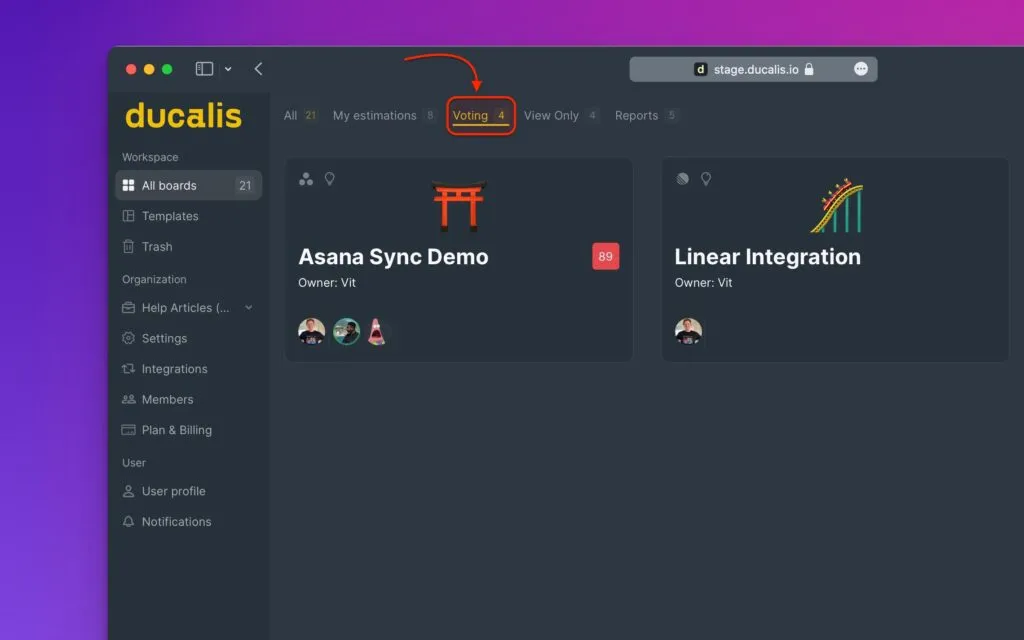 Фильтр «Голосование» с досками с опубликованными Досками идей