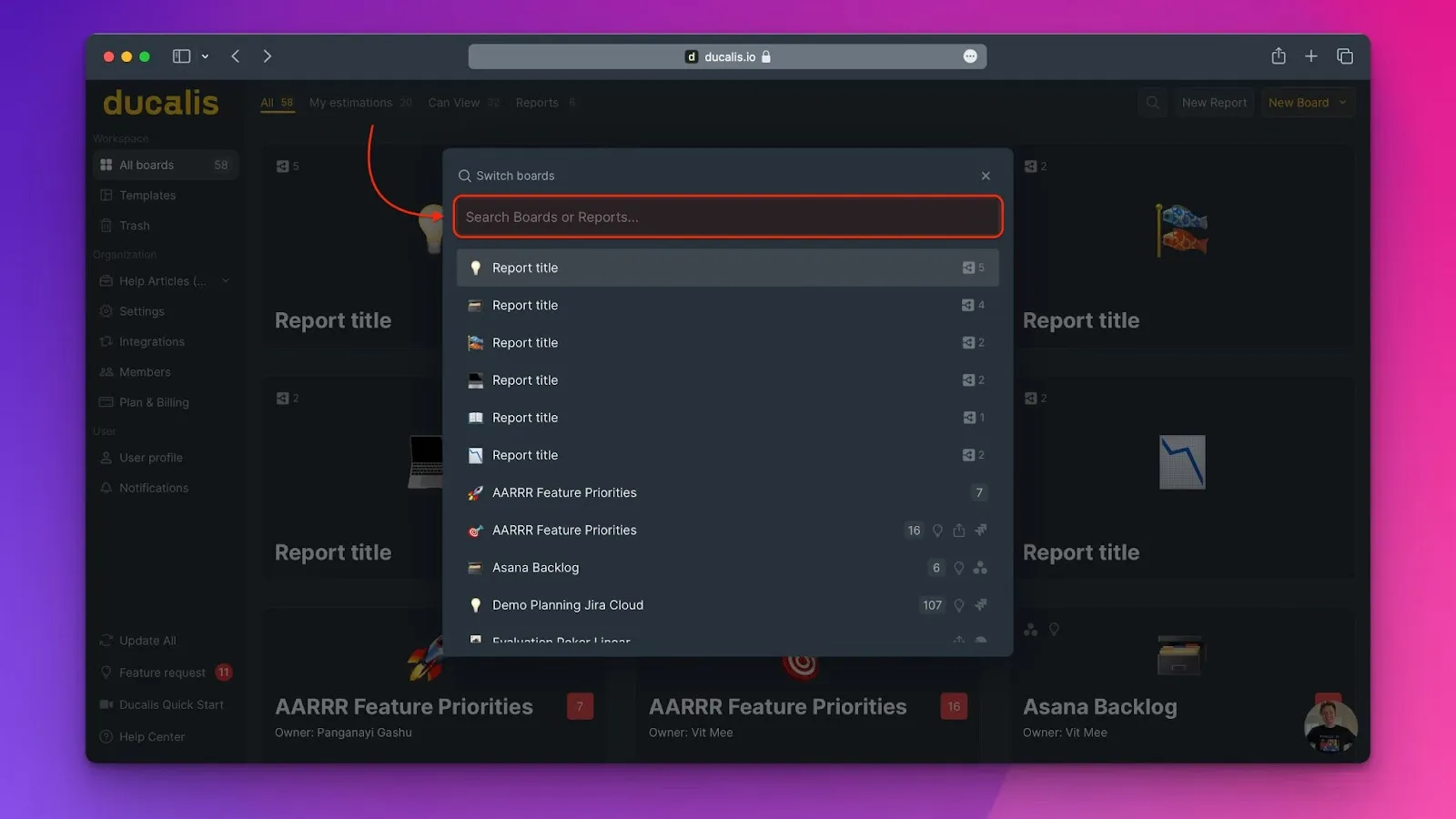 Поле поиска переключателя досок с клавиатурным сокращением ⌘ K