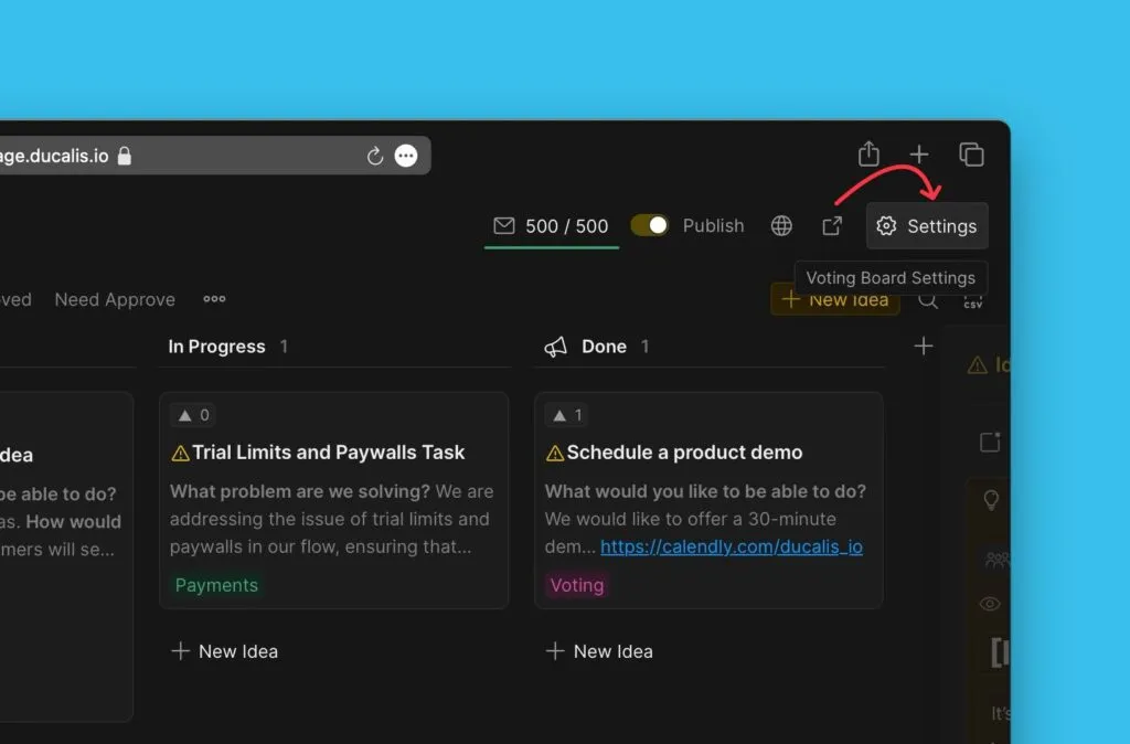 Настройки Доски идей