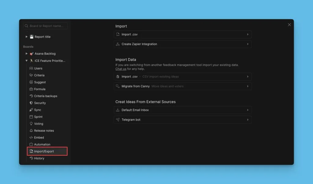 Меню импорта/экспорта