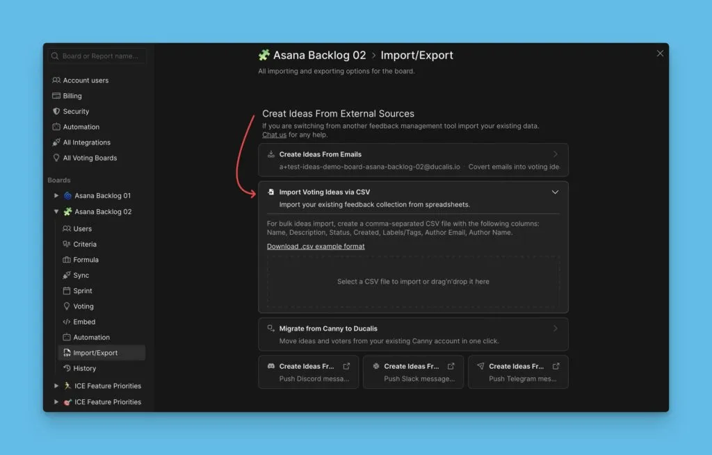 Импорт Идей через CSV