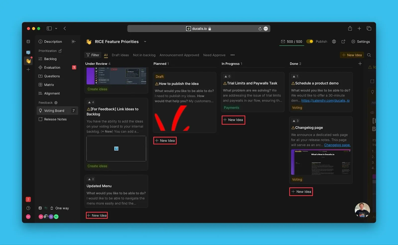 Кнопка создания Идеи на странице администрирования