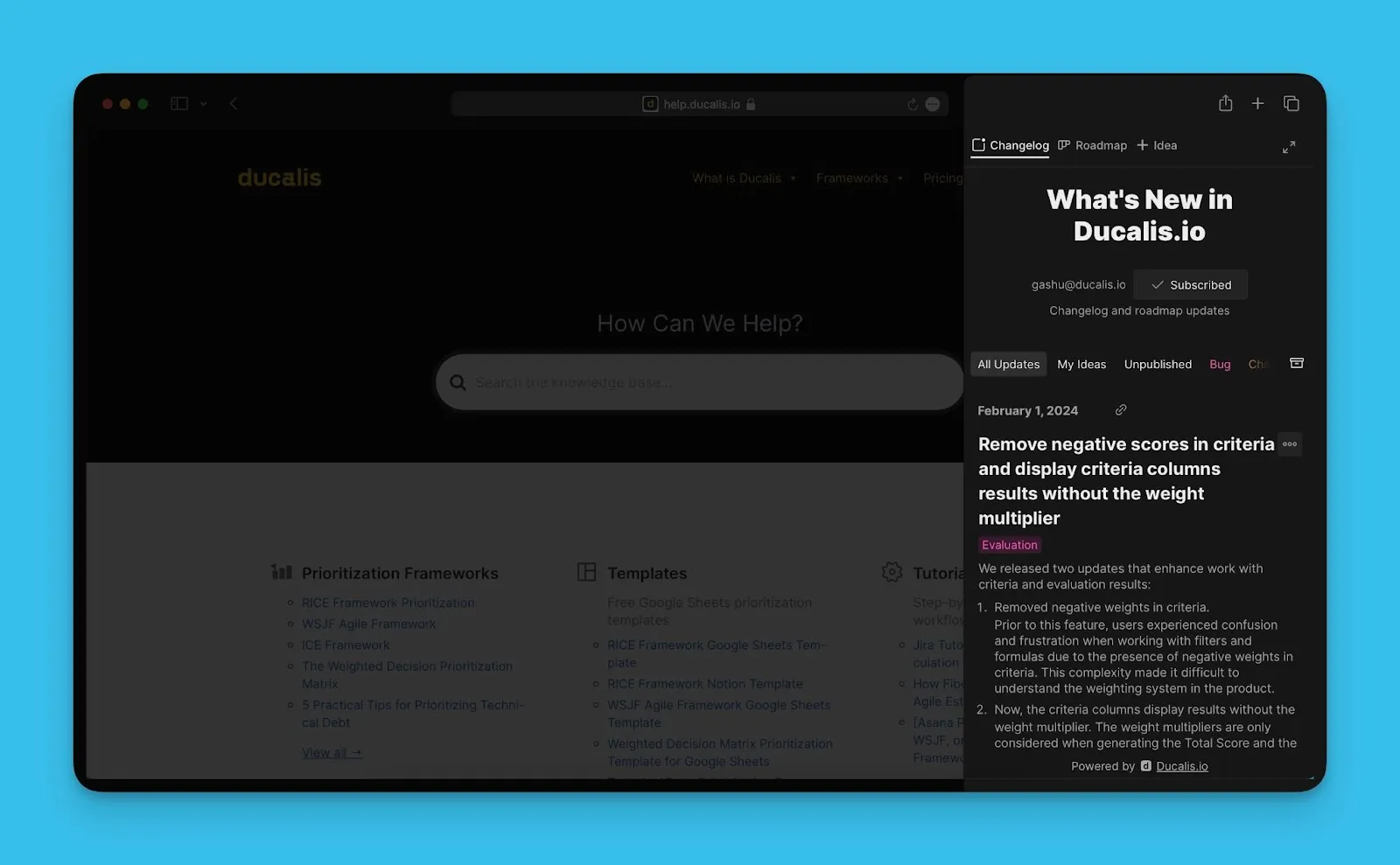 Виджет ченджлога с обновлениями релизов и роадмапом