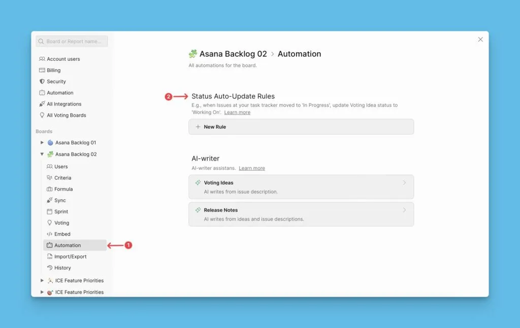 Меню правил автообновления статусов
