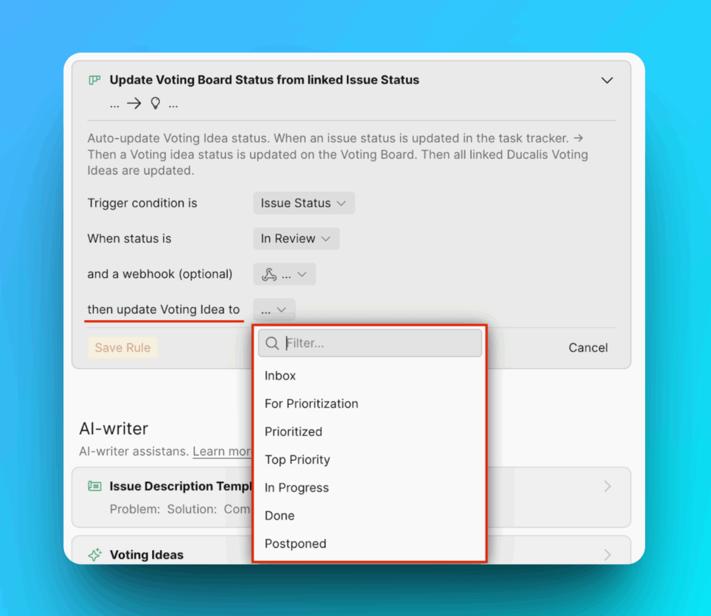 Выбор статуса Идеи