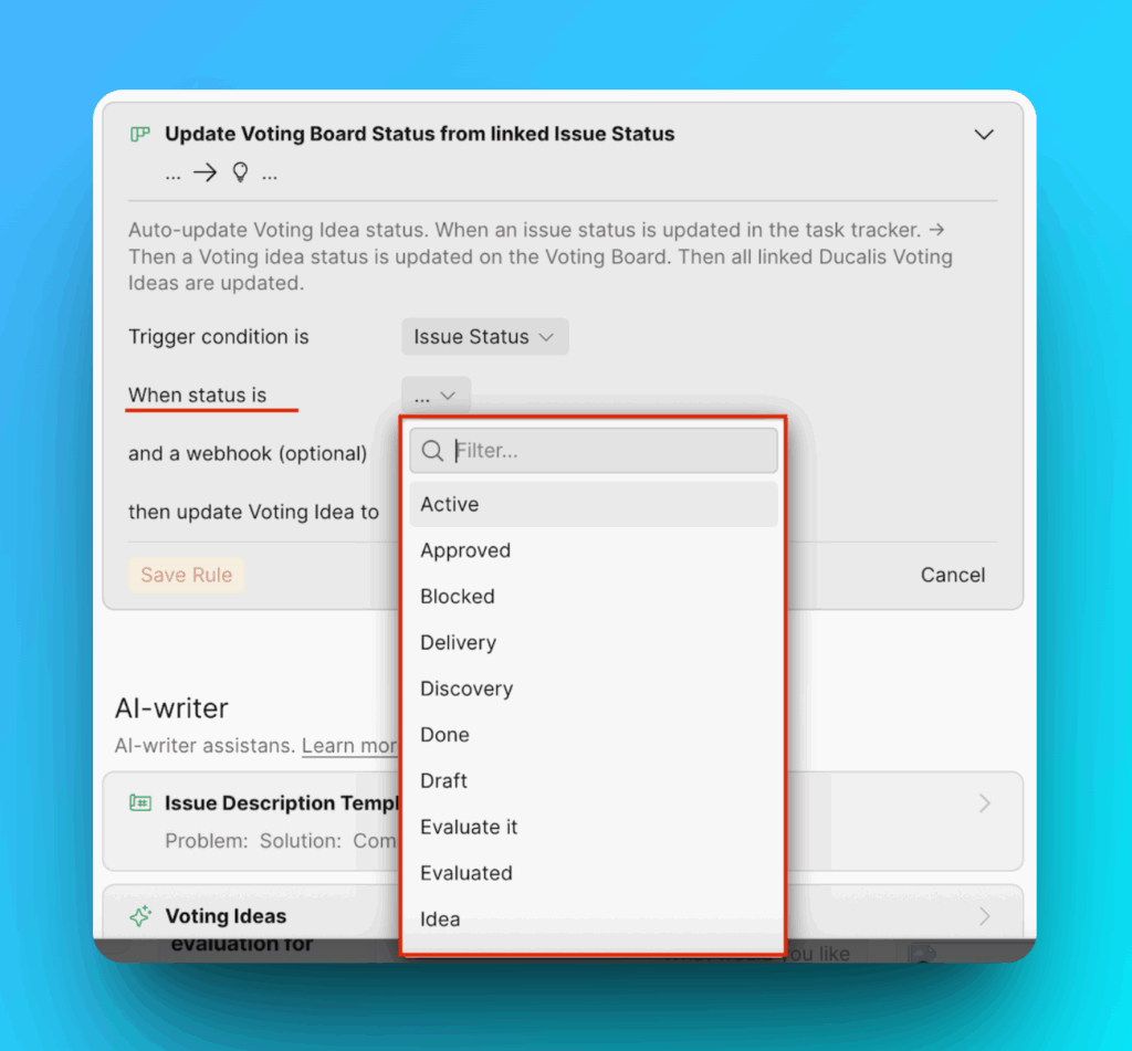 Выбор статуса Задачи