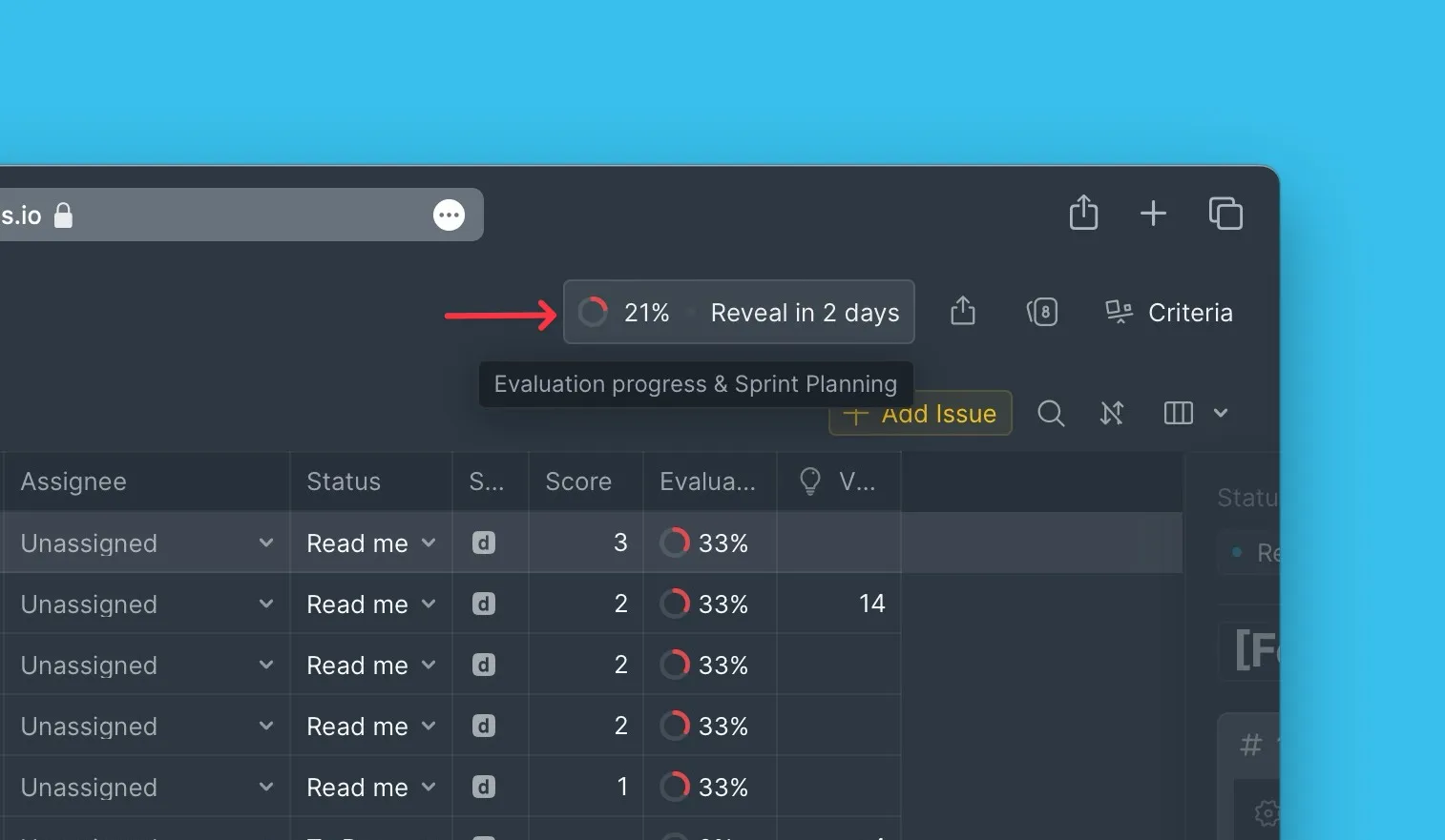 Меню прогресса оценки и планирования спринта