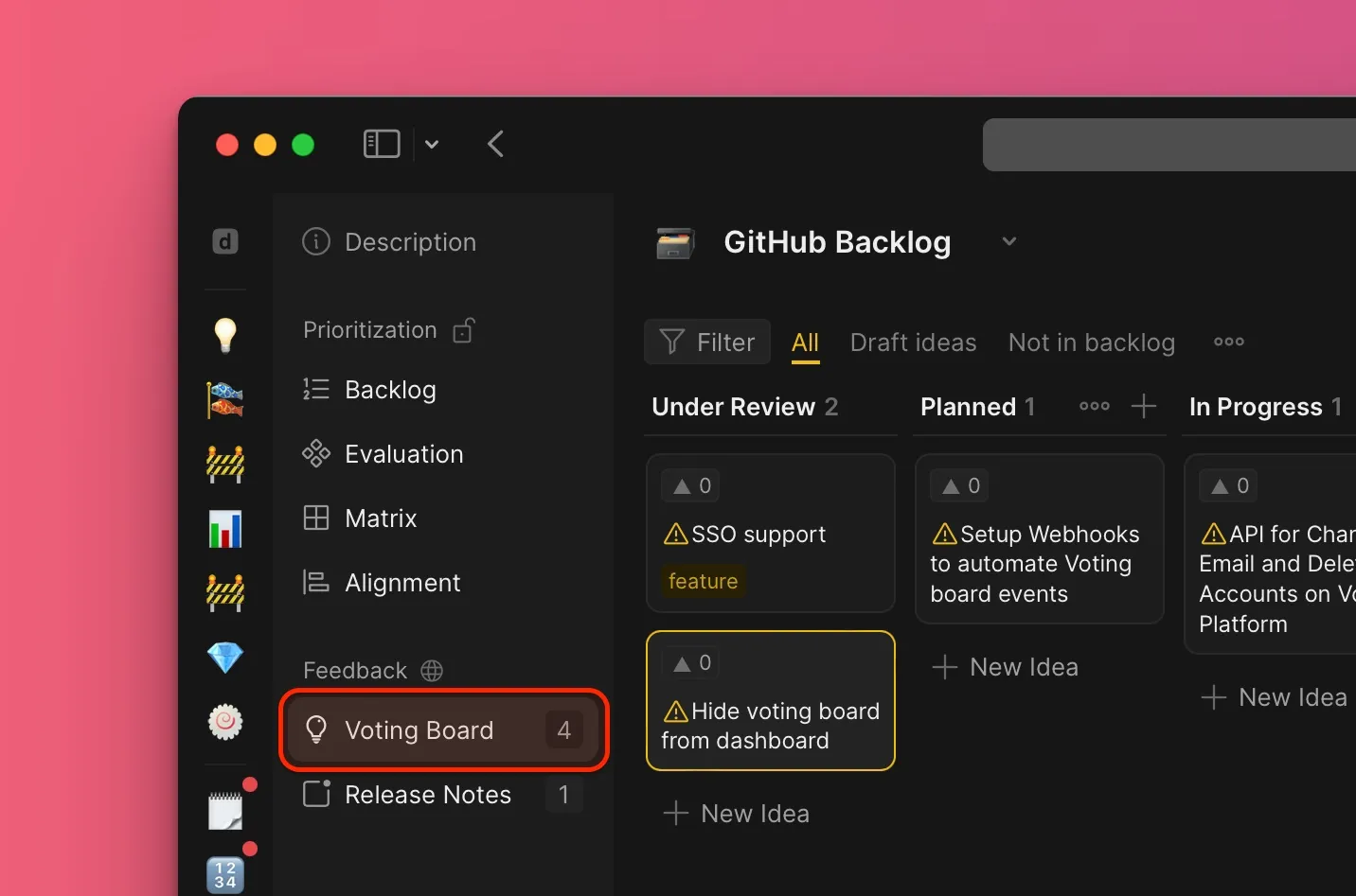 Доска идей с идеями, отображающая иконку предупреждения для идей, не связанных с внутренним бэклогом