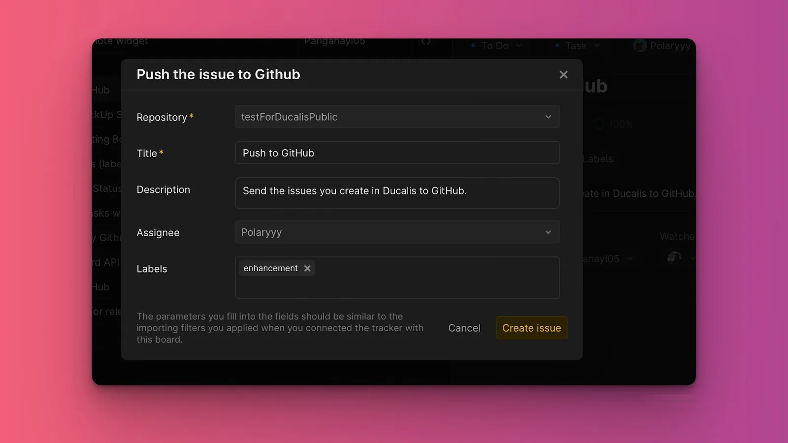 Форма создания задачи с полями репозиторий, название, описание, ответственные и метки