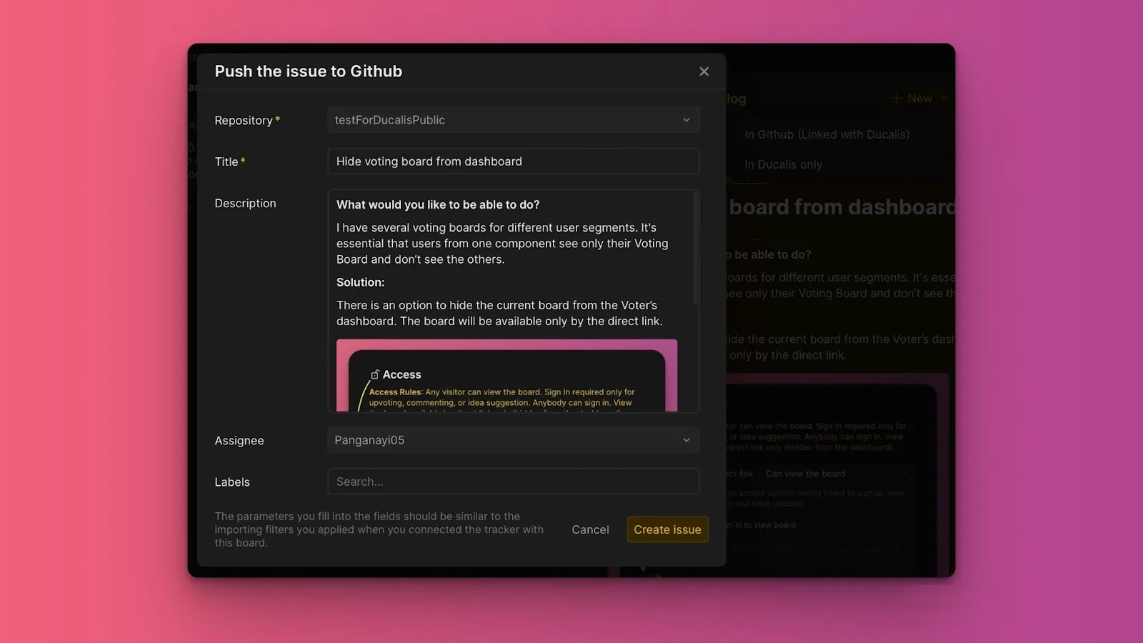 Форма создания задачи с полями репозиторий, название, описание, ответственные и метки
