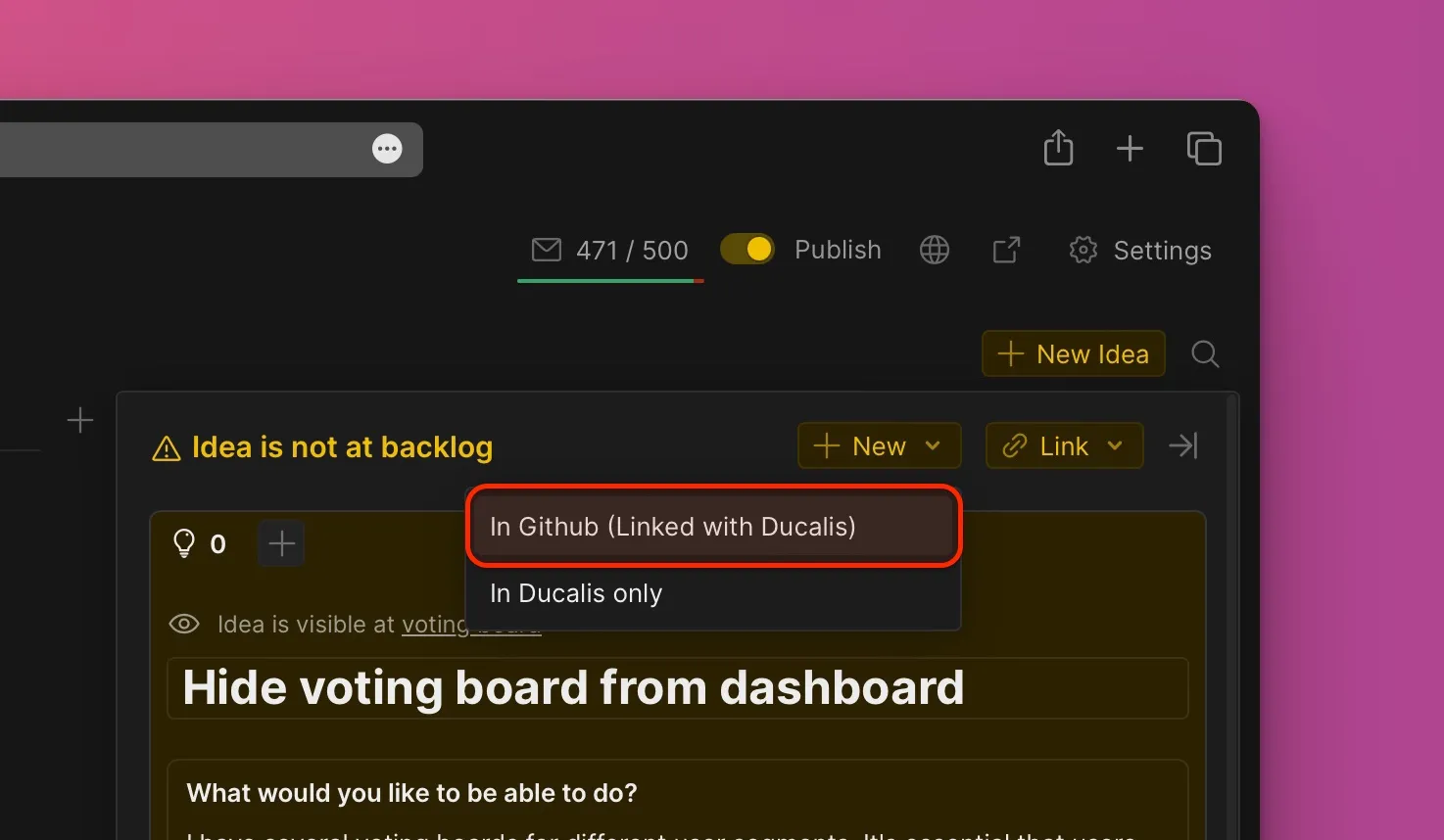 Выпадающее меню с опцией In GitHub (link with product)