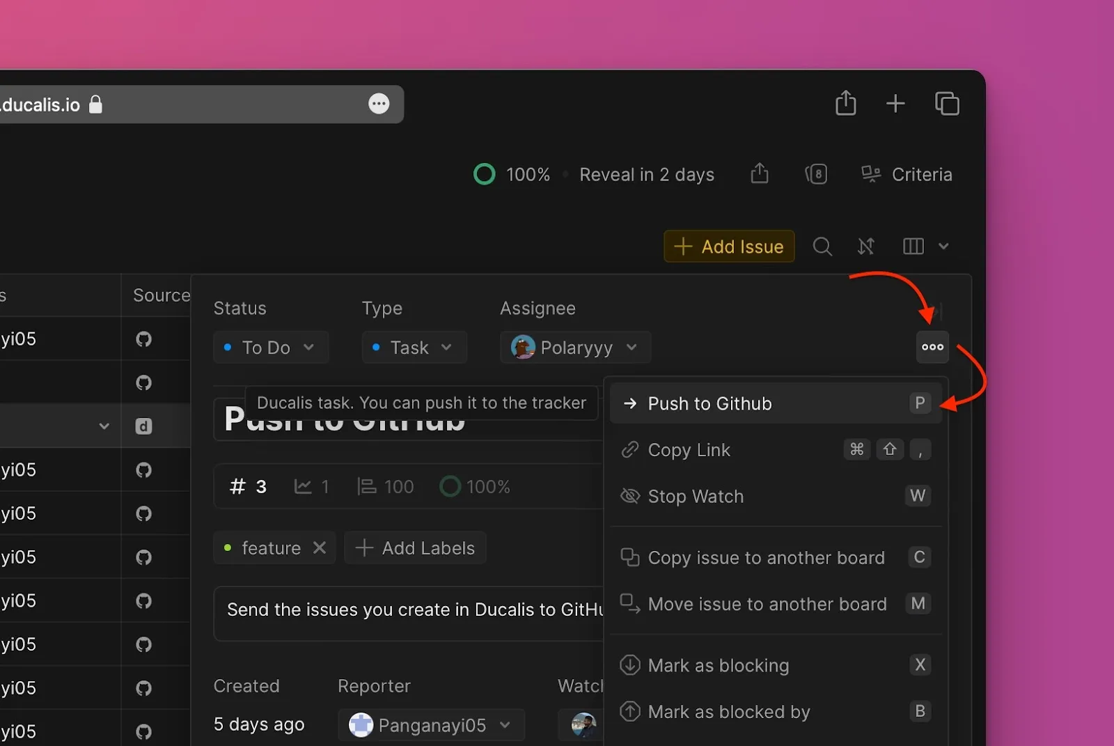 Опция Push to GitHub в выпадающем меню
