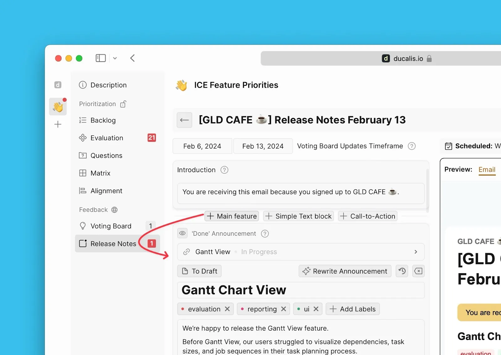 Анонсы в письме с Релиз ноутс