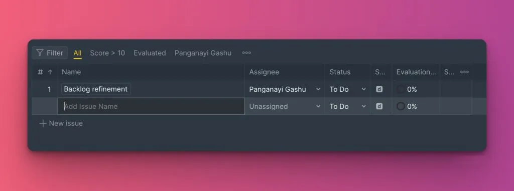 Создание задачи в строке таблицы