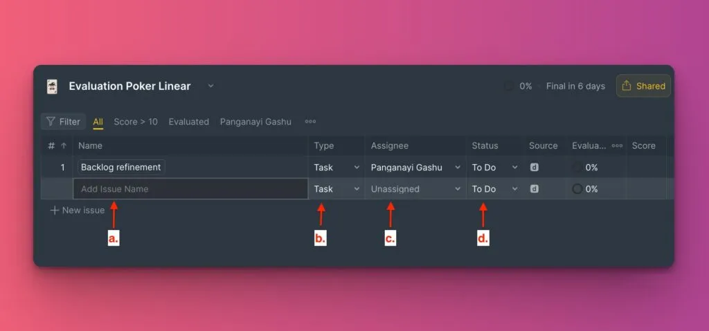 Заполнение деталей задачи в колонках таблицы