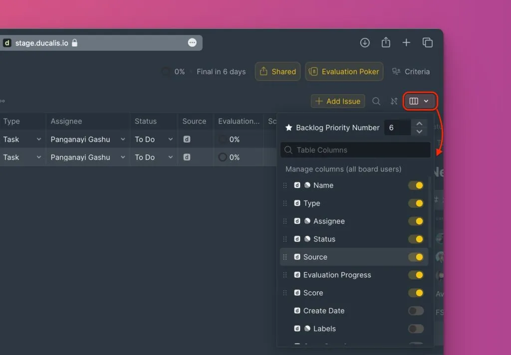 Иконка настроек таблицы