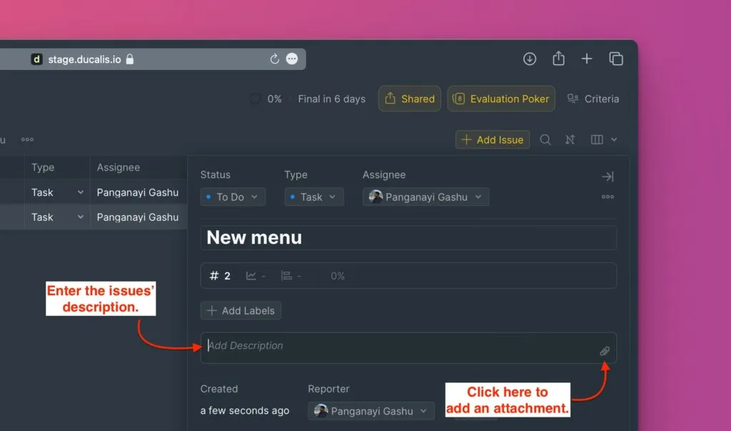 Добавление описания и вложений к задаче