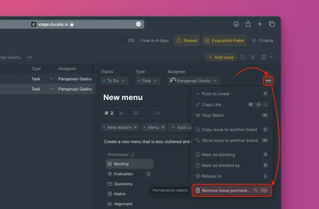 Кнопка удаления задачи в карточке