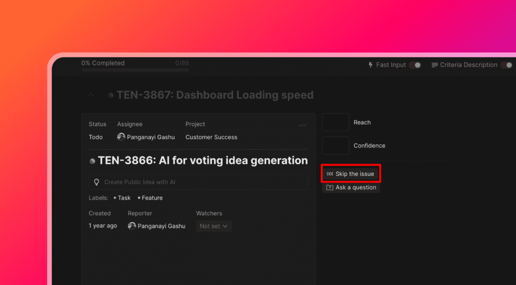 Опция пропустить Задачу в режиме фокуса