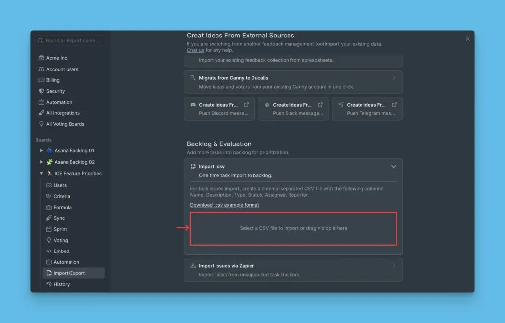 Область загрузки CSV-файла