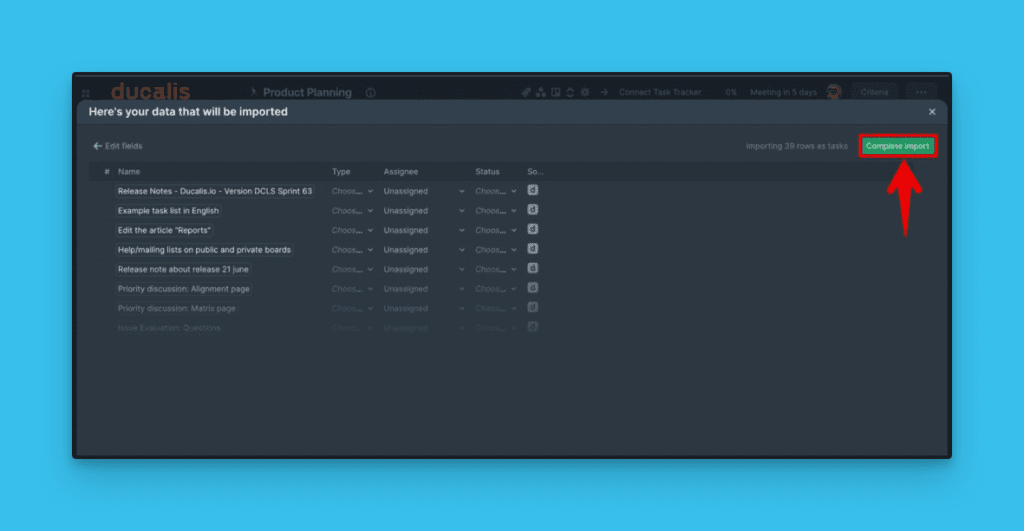 Кнопка завершения импорта
