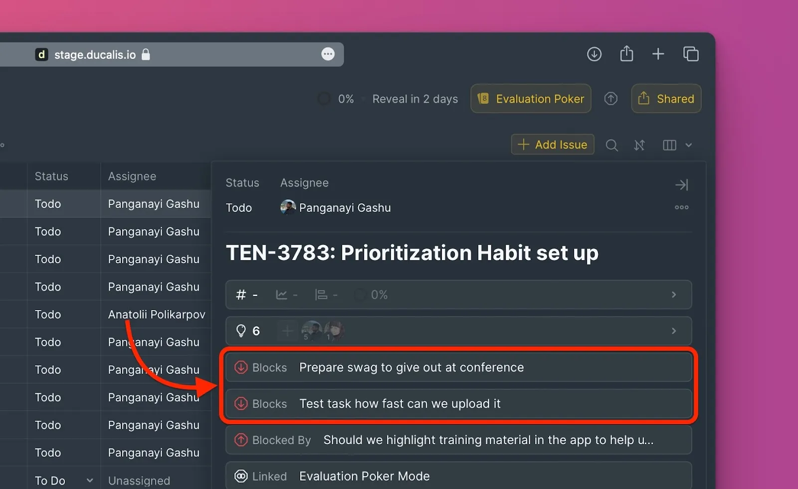Заблокированные задачи в карточке задачи