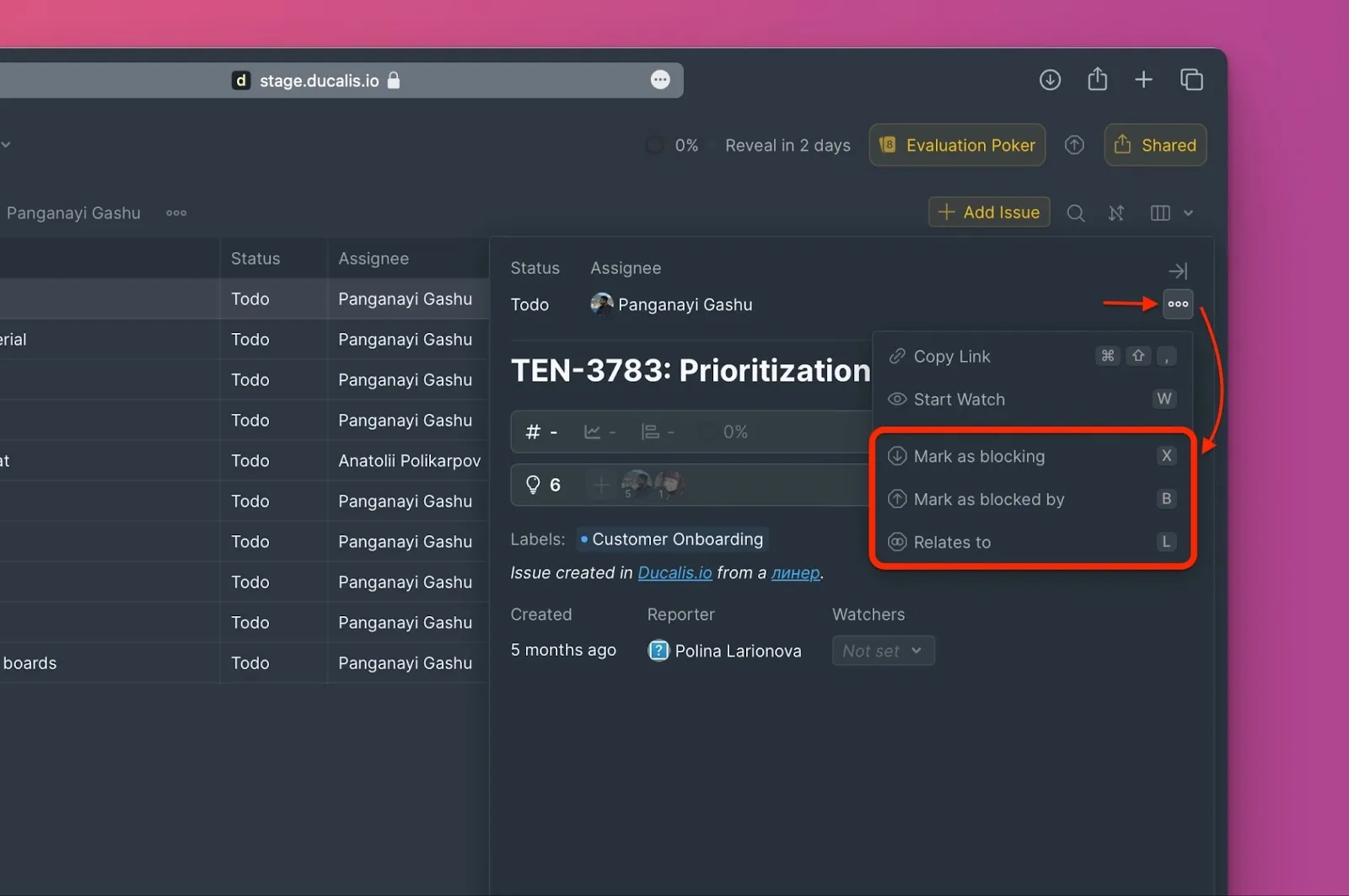 Меню карточки задачи