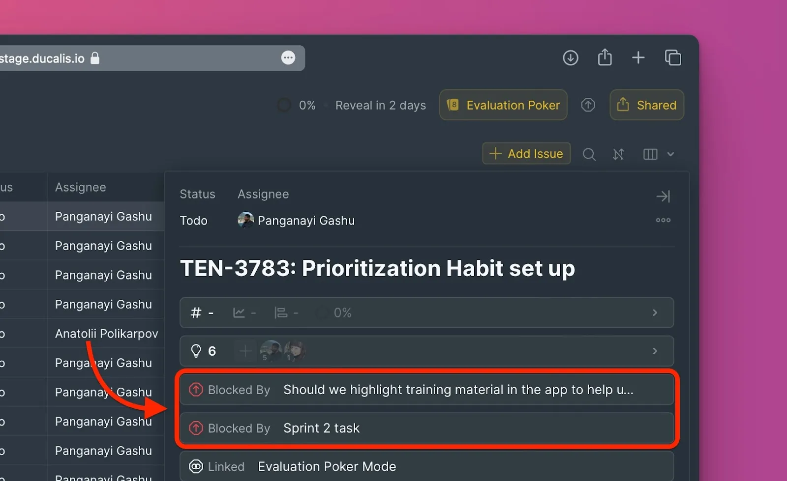 Блокирующие задачи в карточке задачи