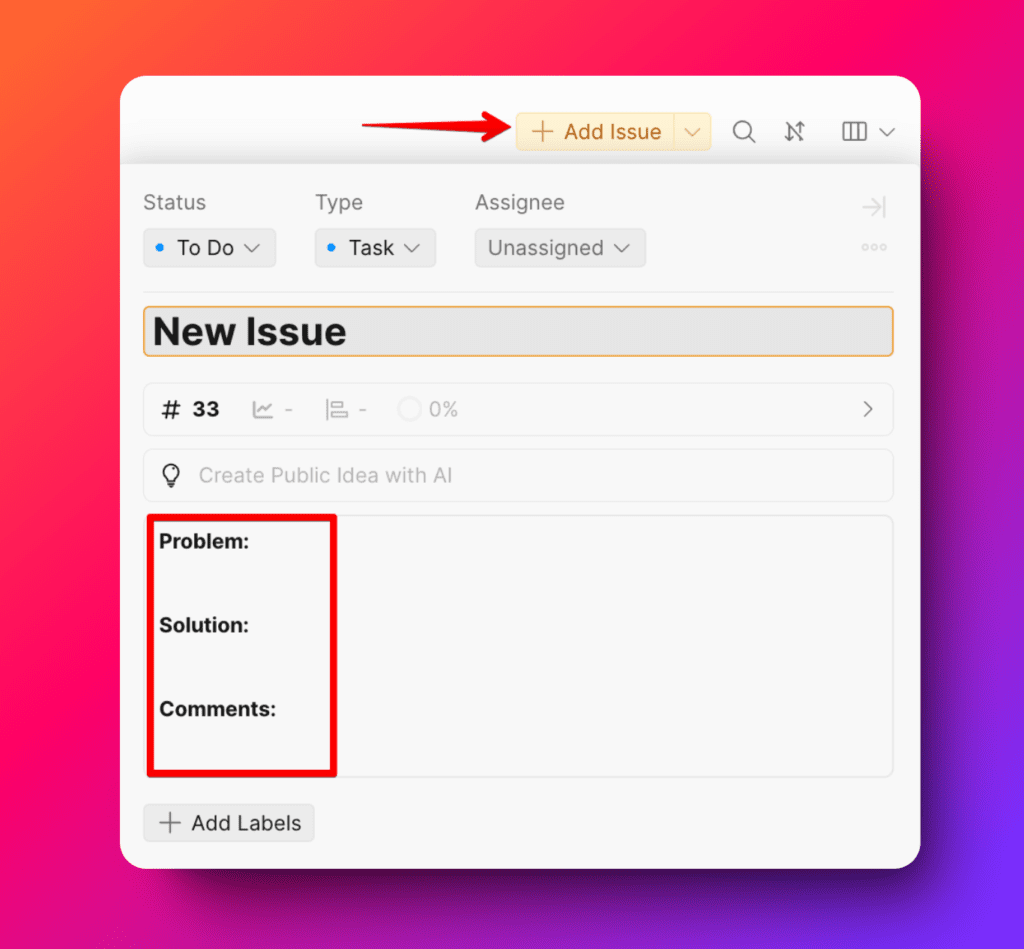 Кнопка добавления Задачи с полями шаблона