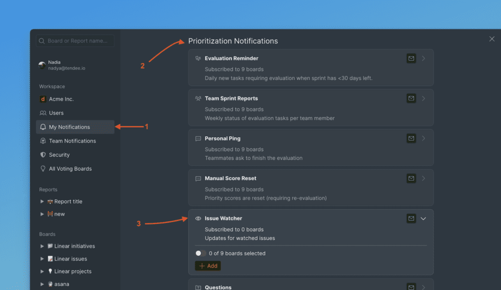 Настройки уведомлений наблюдателя задачи