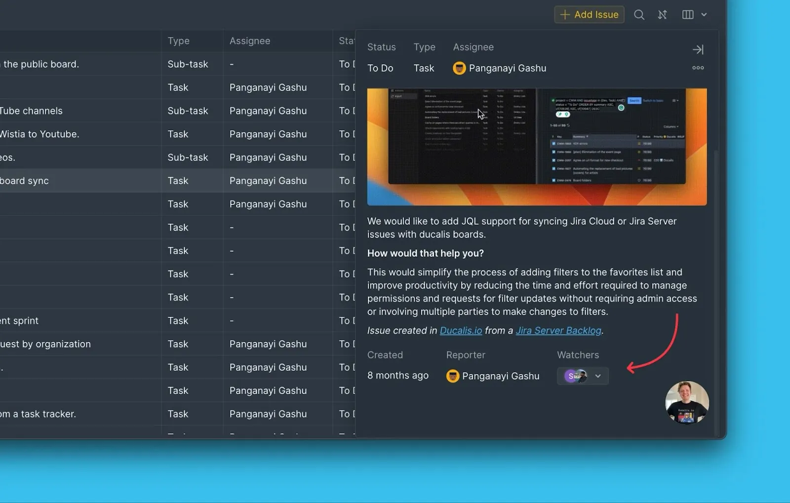 Расположение секции наблюдателей в карточке задачи