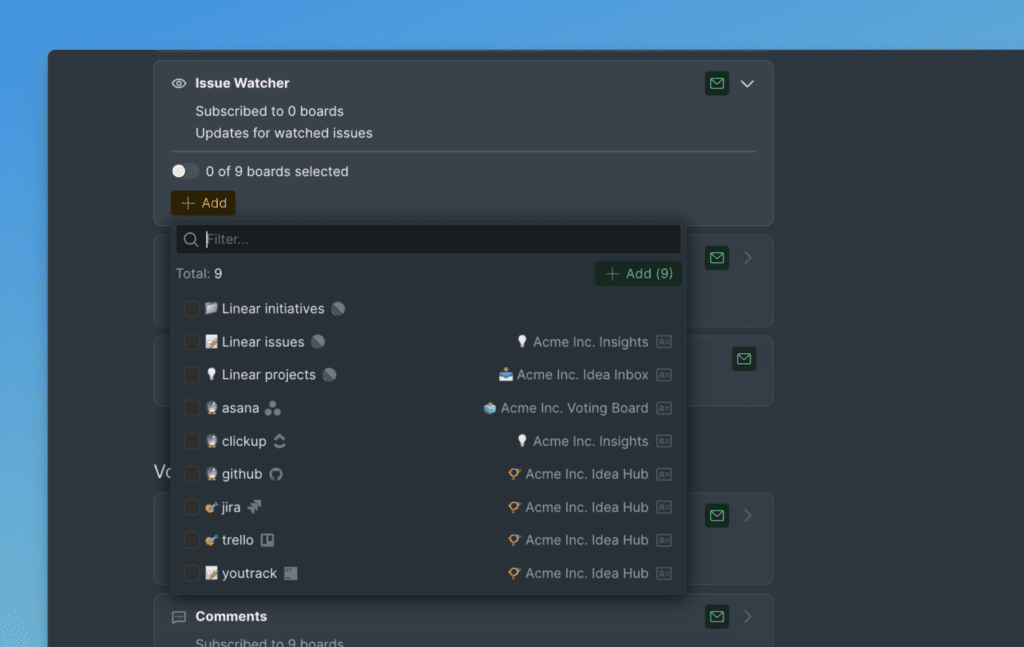 Выбрать доски для уведомлений наблюдателя