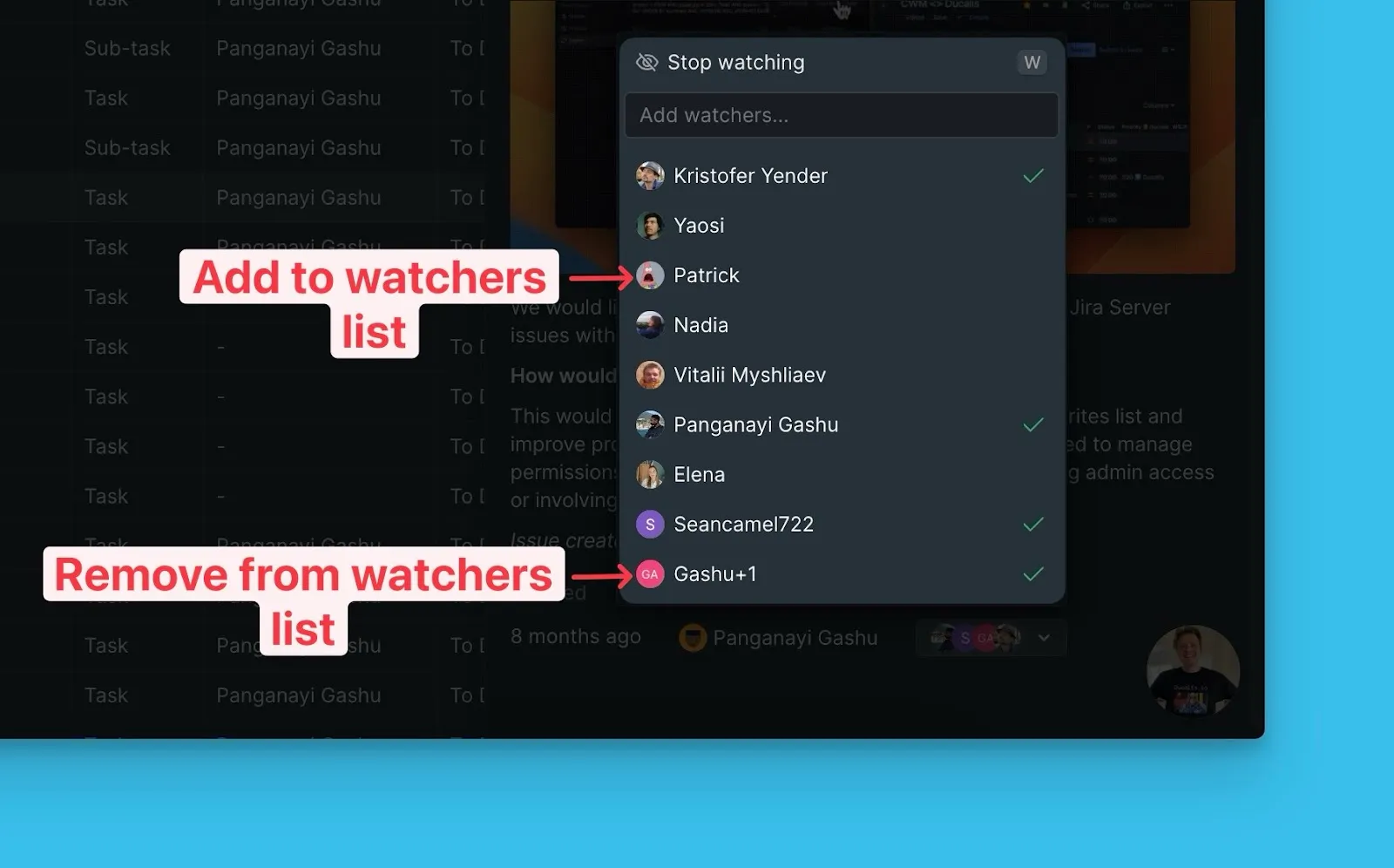Добавить или удалить наблюдателей из списка пользователей