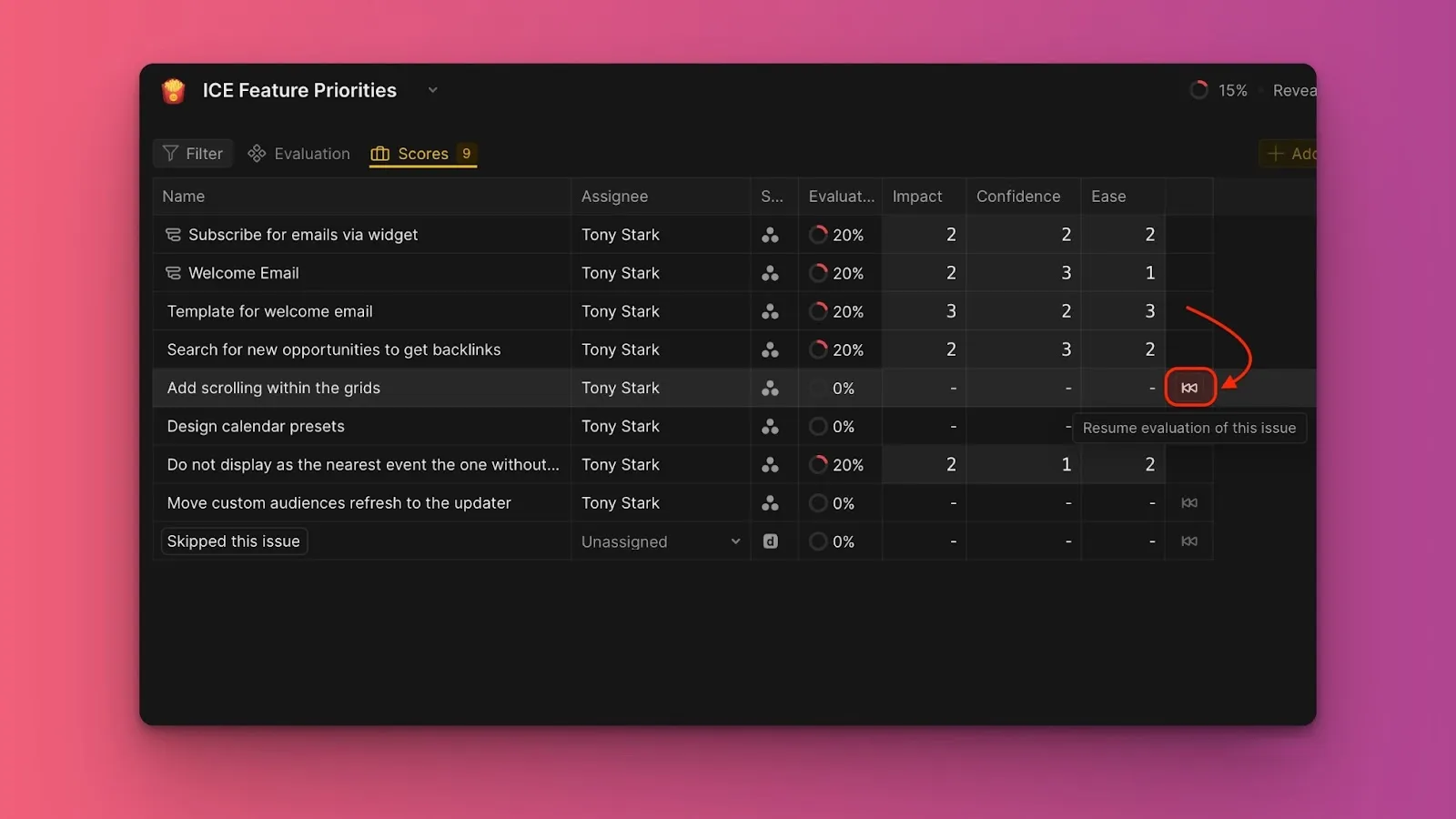 Кнопка возобновления оценки во вкладке Оценки