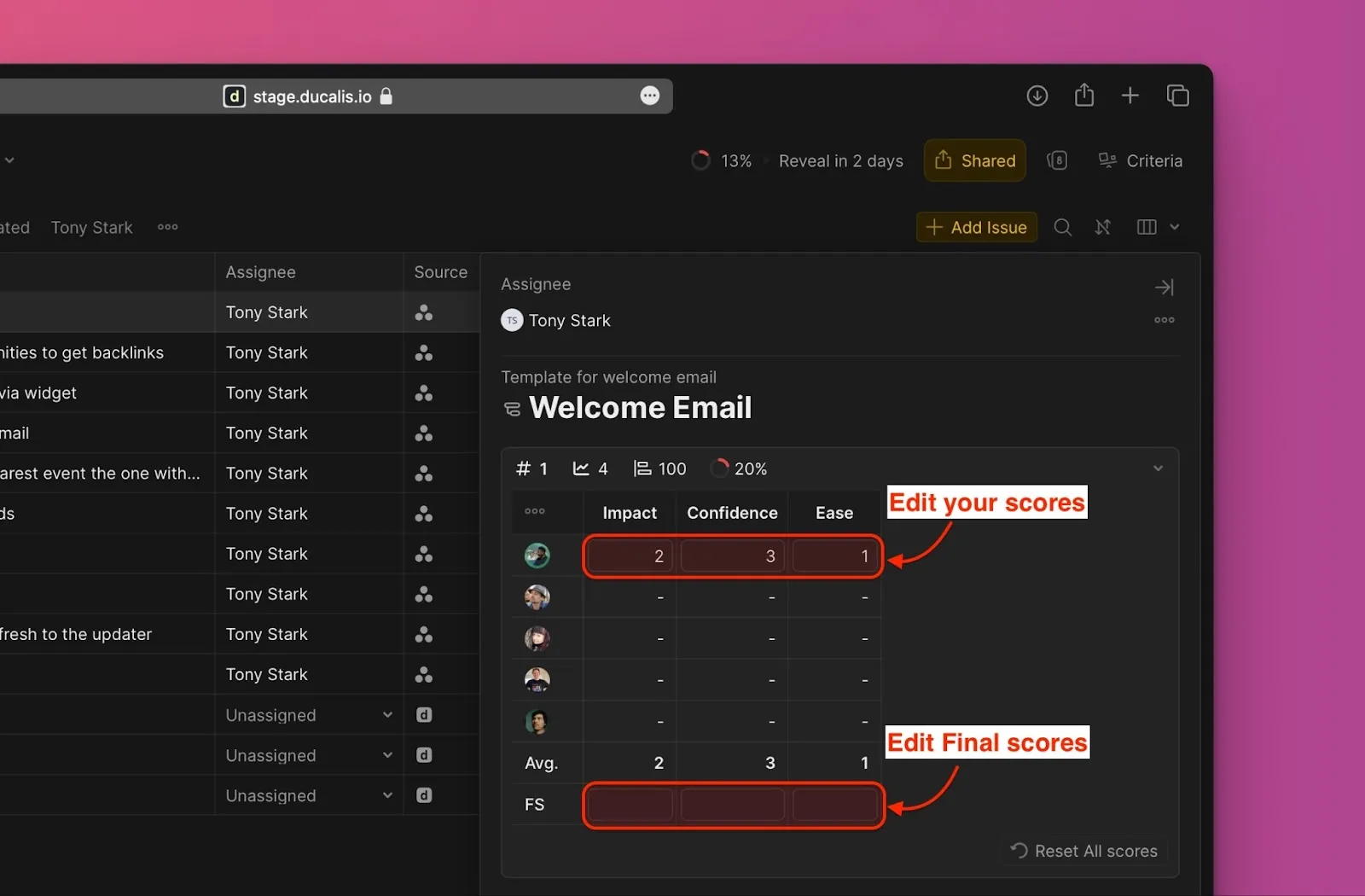 Редактирование оценок в карточке задачи