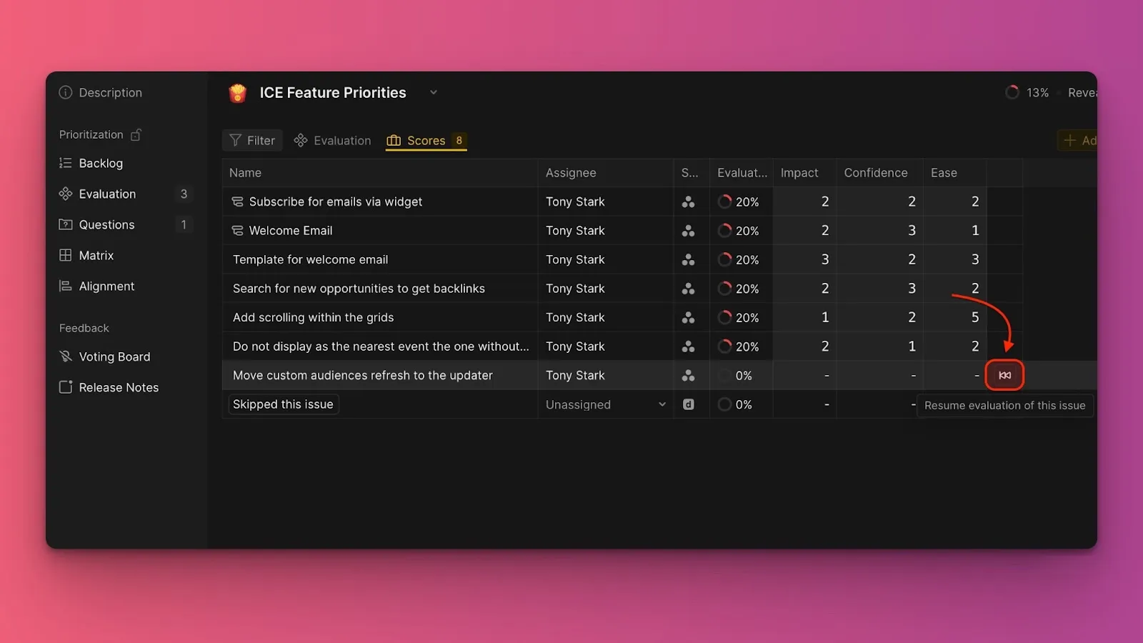 Кнопка возобновления для пропущенных задач