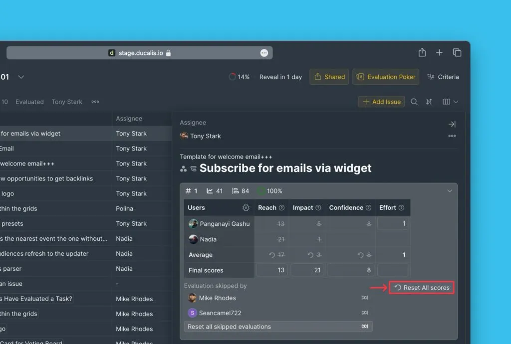 Кнопка сброса оценок