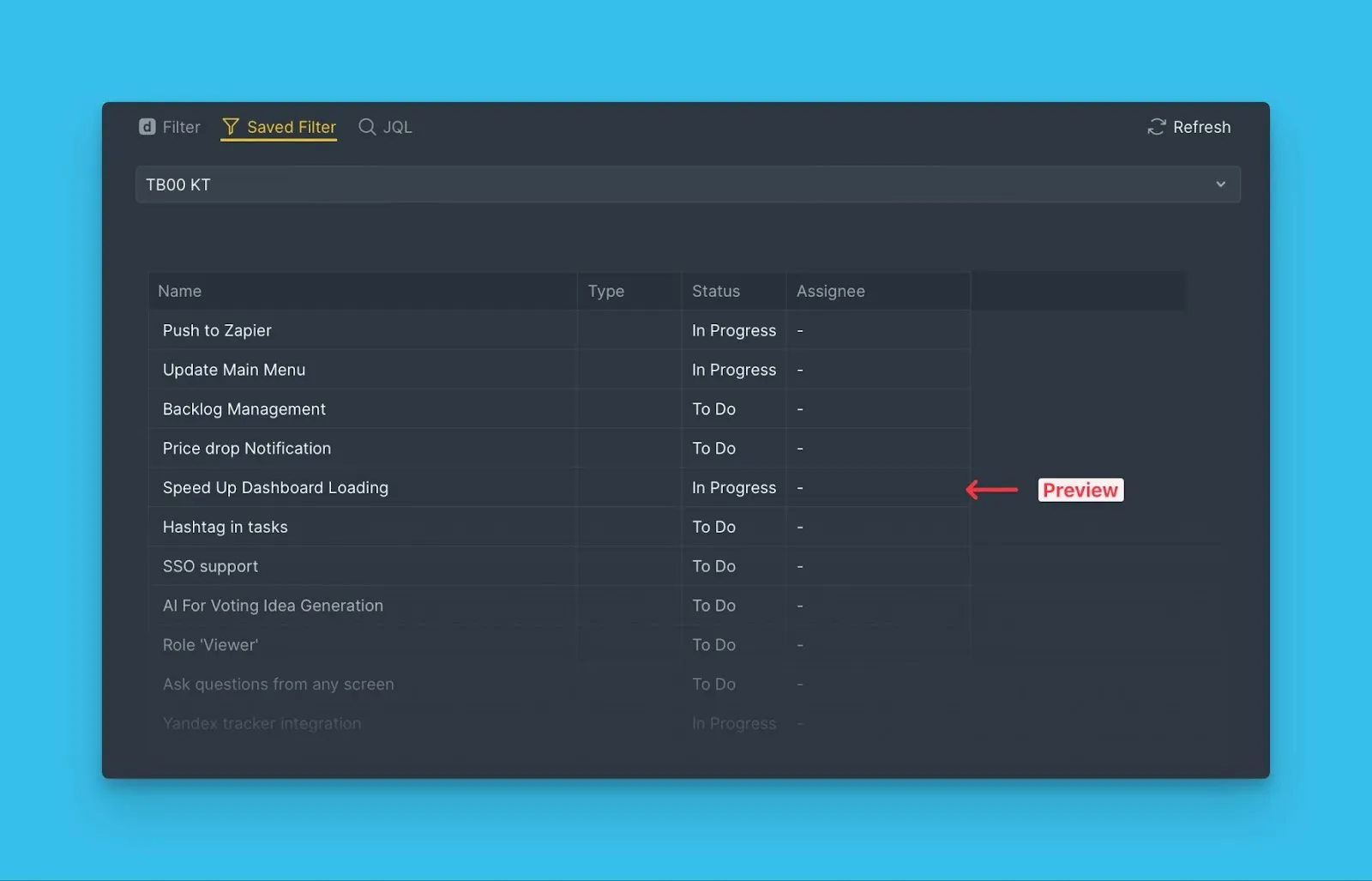 Предпросмотр импорта, показывающий найденные задачи