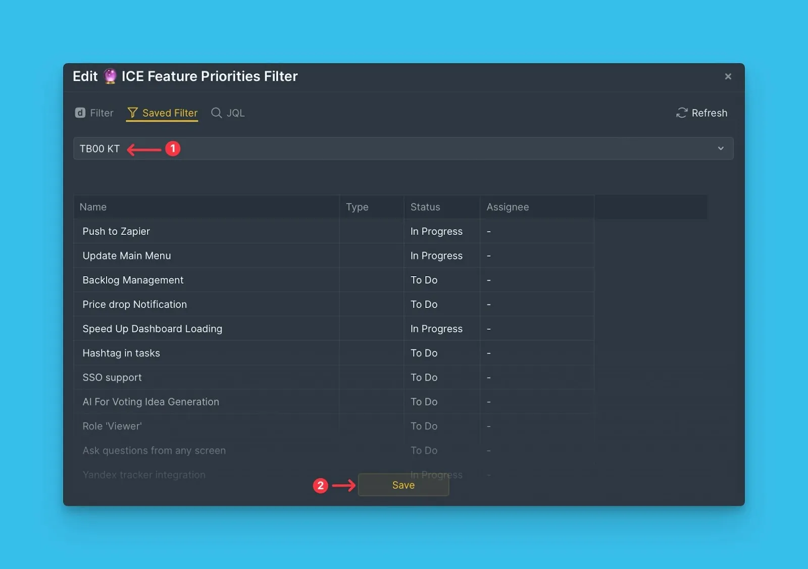 Редактор фильтров Jira с кнопкой сохранения
