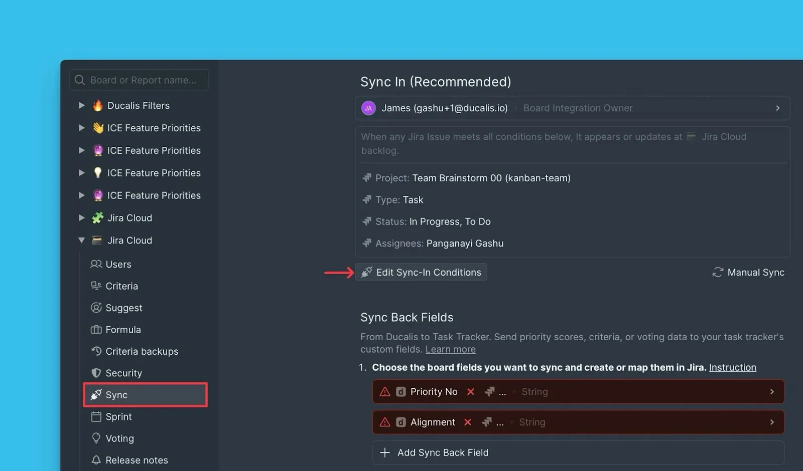 Кнопка изменения условий синка