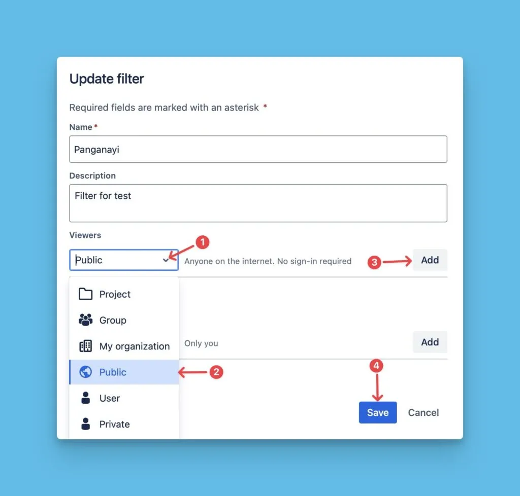 Настройки прав фильтра в Jira