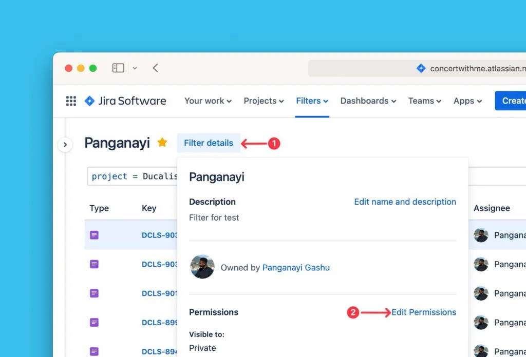 Опция изменения прав в деталях фильтра Jira