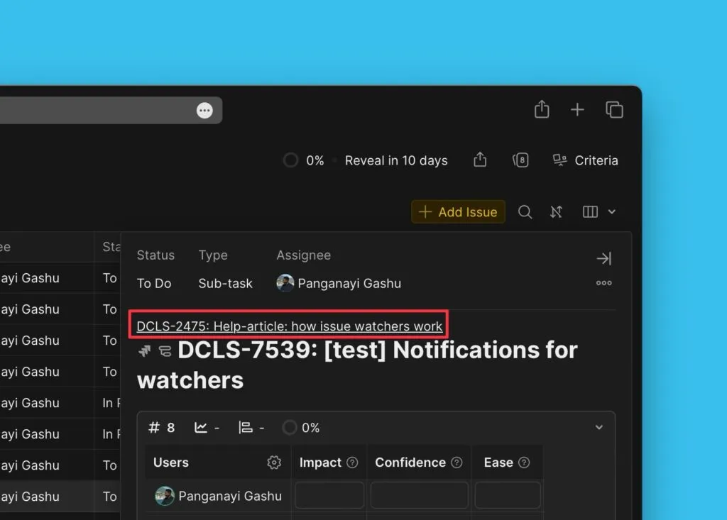 Карточка подзадачи со ссылкой на родительскую задачу