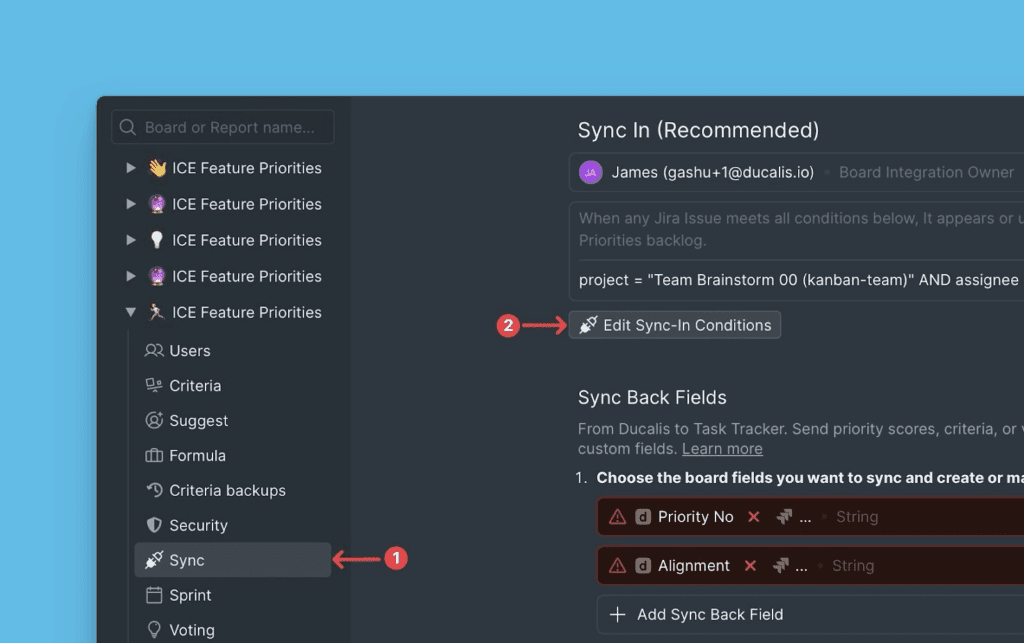 Кнопка изменения условий синка