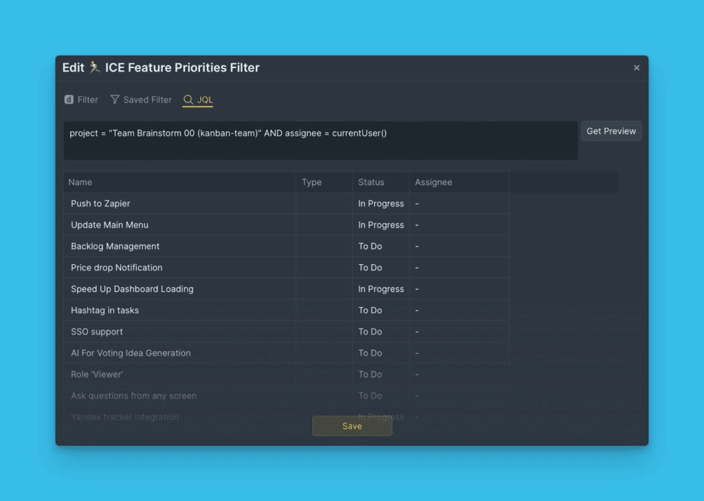 Редактор JQL-запросов с кнопкой сохранения